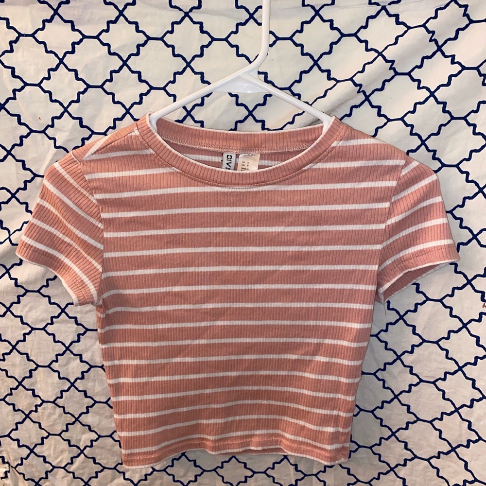 pink and white stripped shirt
